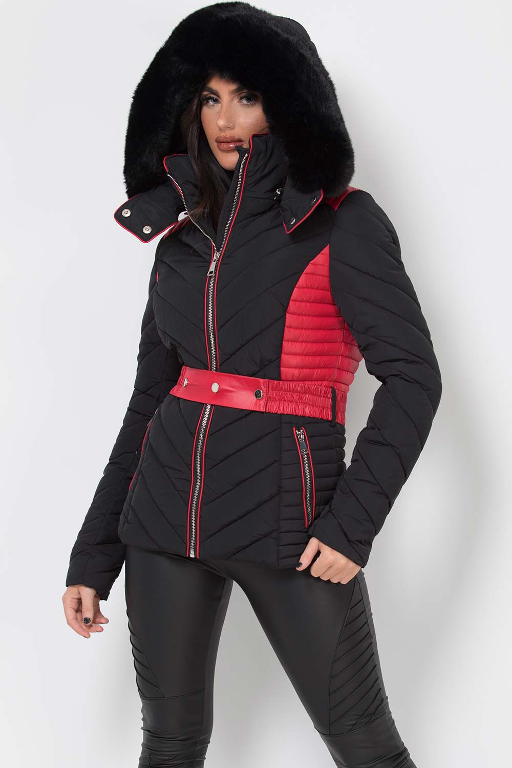 Zyriah | Women’s puffer jacket with faux fur hood and belt