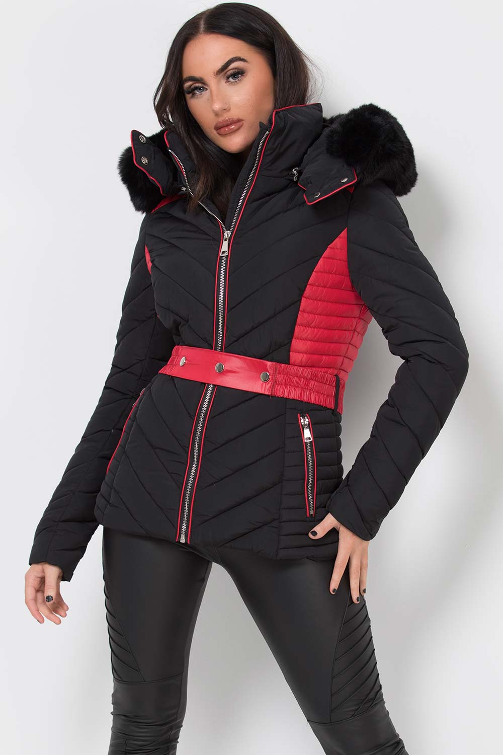 Zyriah | Women’s puffer jacket with faux fur hood and belt