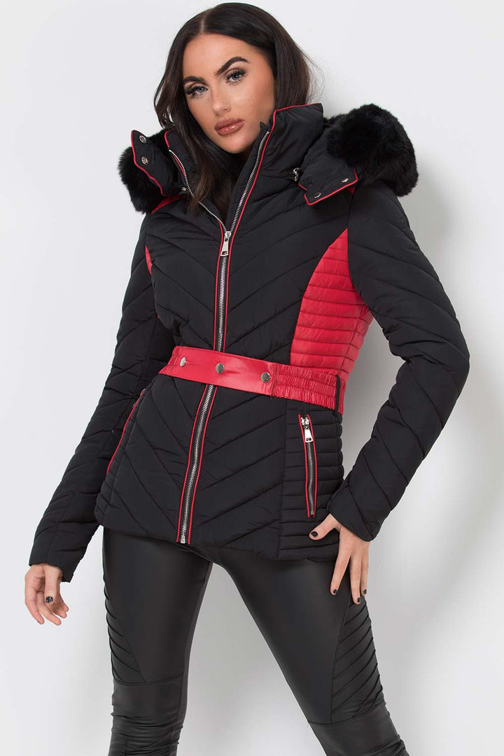 Zyriah | Women’s puffer jacket with faux fur hood and belt