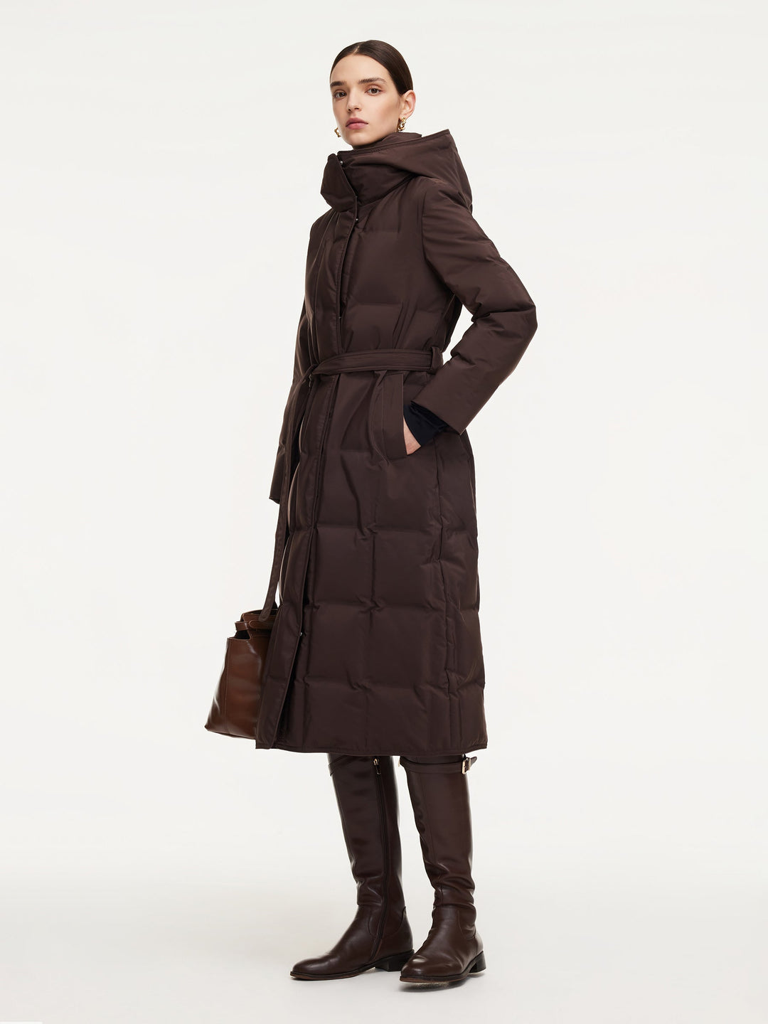 Ellyn | Women’s quilted hooded wrap overcoat with a structured winter silhouette