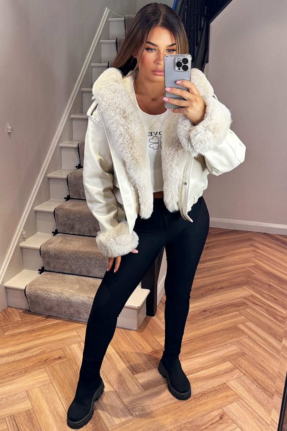 Madalynn | Women’s faux fur bomber jacket with detachable trim