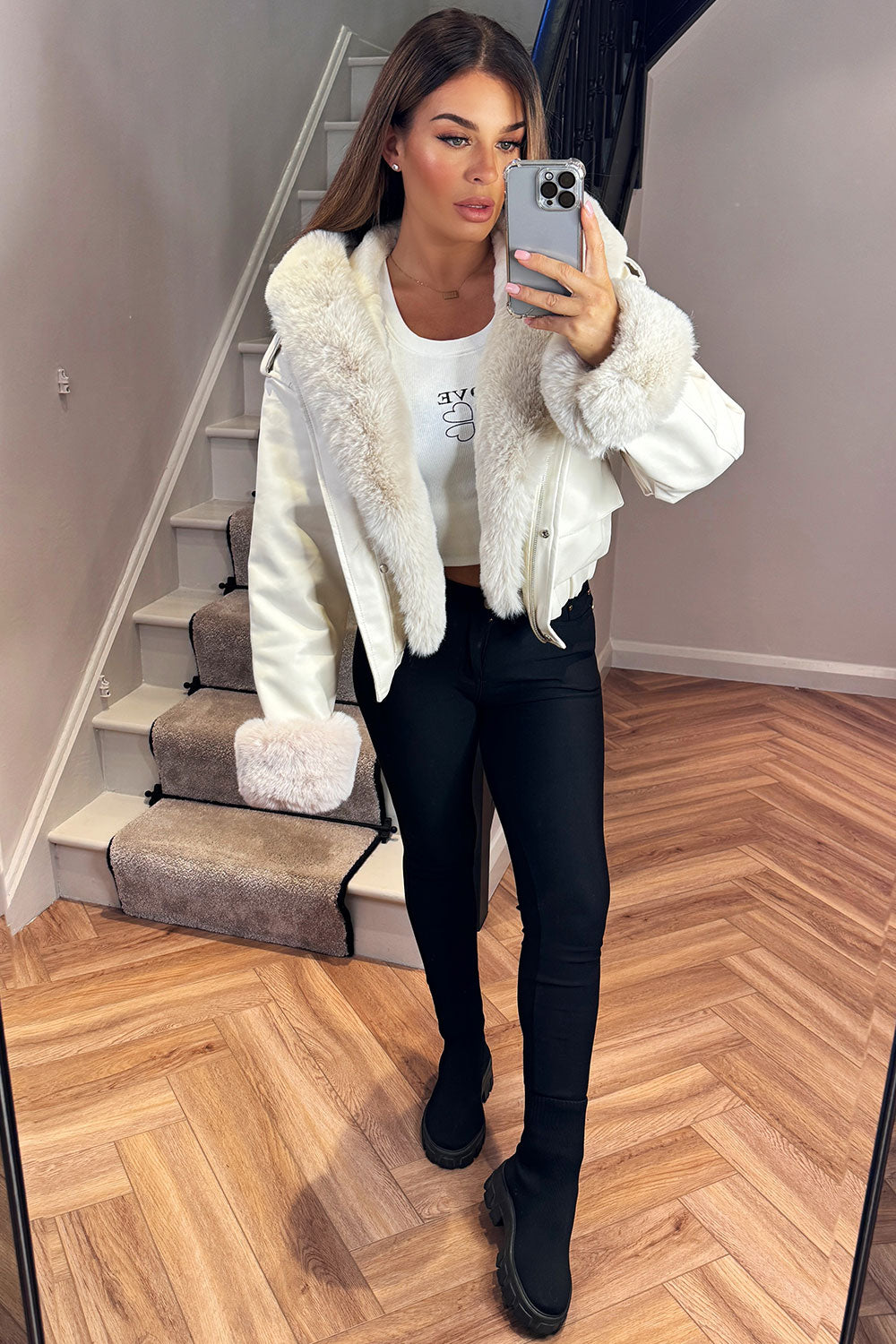 Madalynn | Women’s faux fur bomber jacket with detachable trim