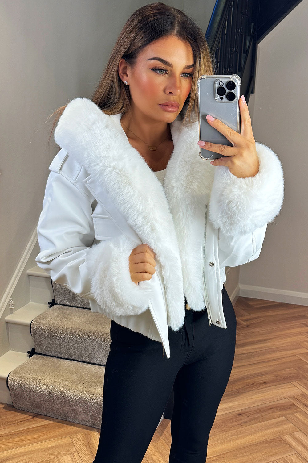 Ameliee | Women’s faux fur bomber jacket with detachable trim