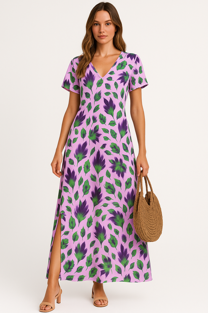 Lara | Women’s maxi dress with v-neckline, pleated detail and side slit