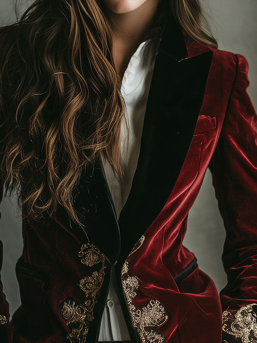 Elodie | Women’s velvet blazer with gold embroidery and black collar
