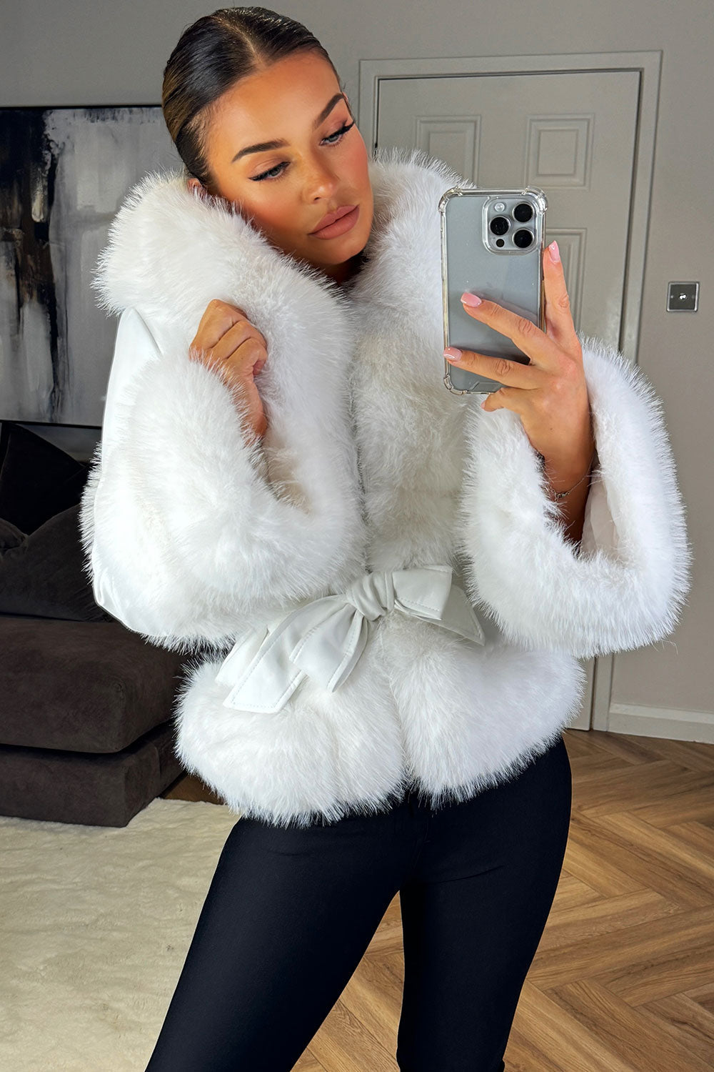 Aniston | Women’s cropped faux fur coat with hood and belt