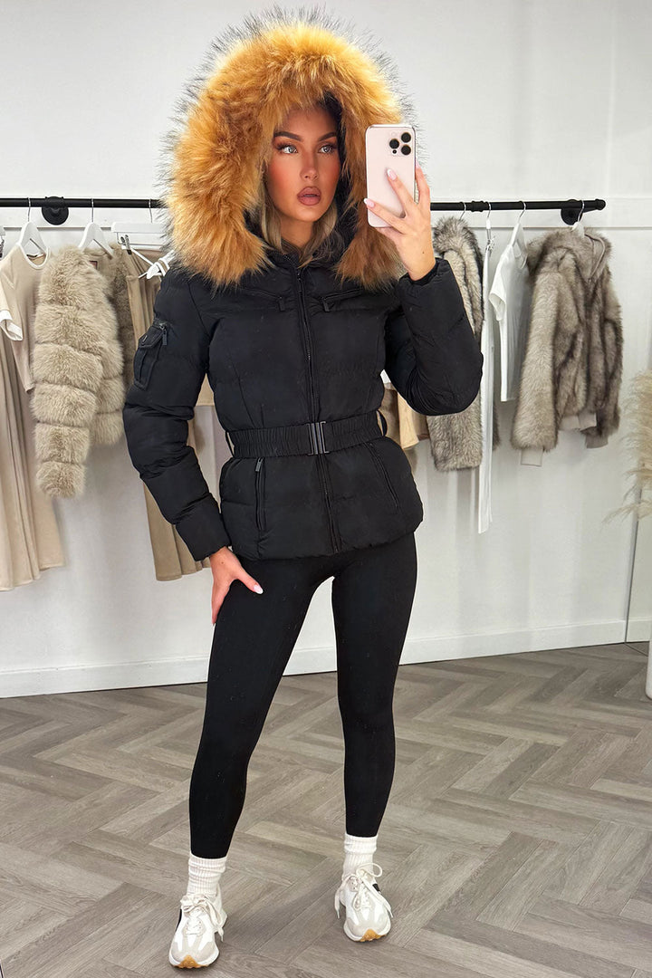 Maisyn | Women’s belted puffer jacket with faux fur hood