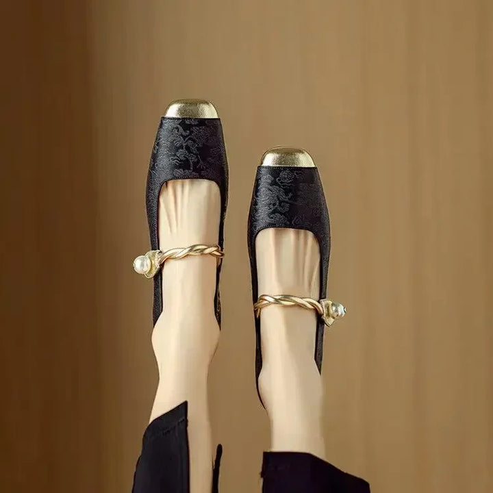 Blythe | Women’s block heel sandals with pearl strap and metallic toe cap