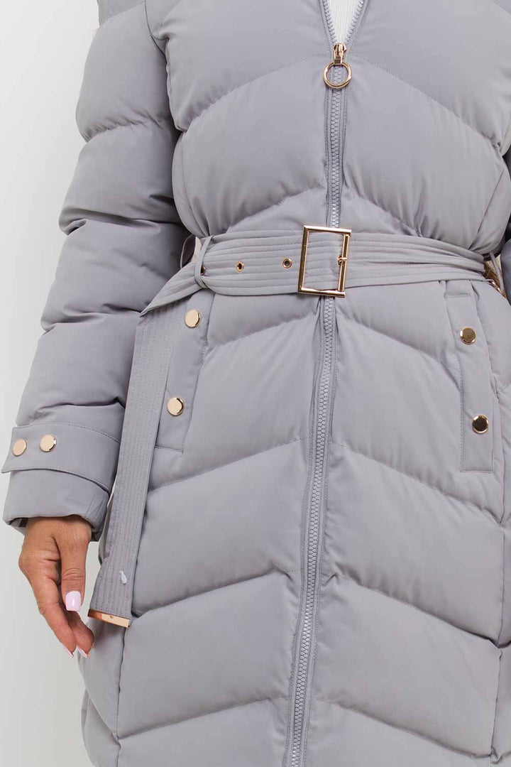 Avelina | Women’s long puffer coat with belt and gold button detail