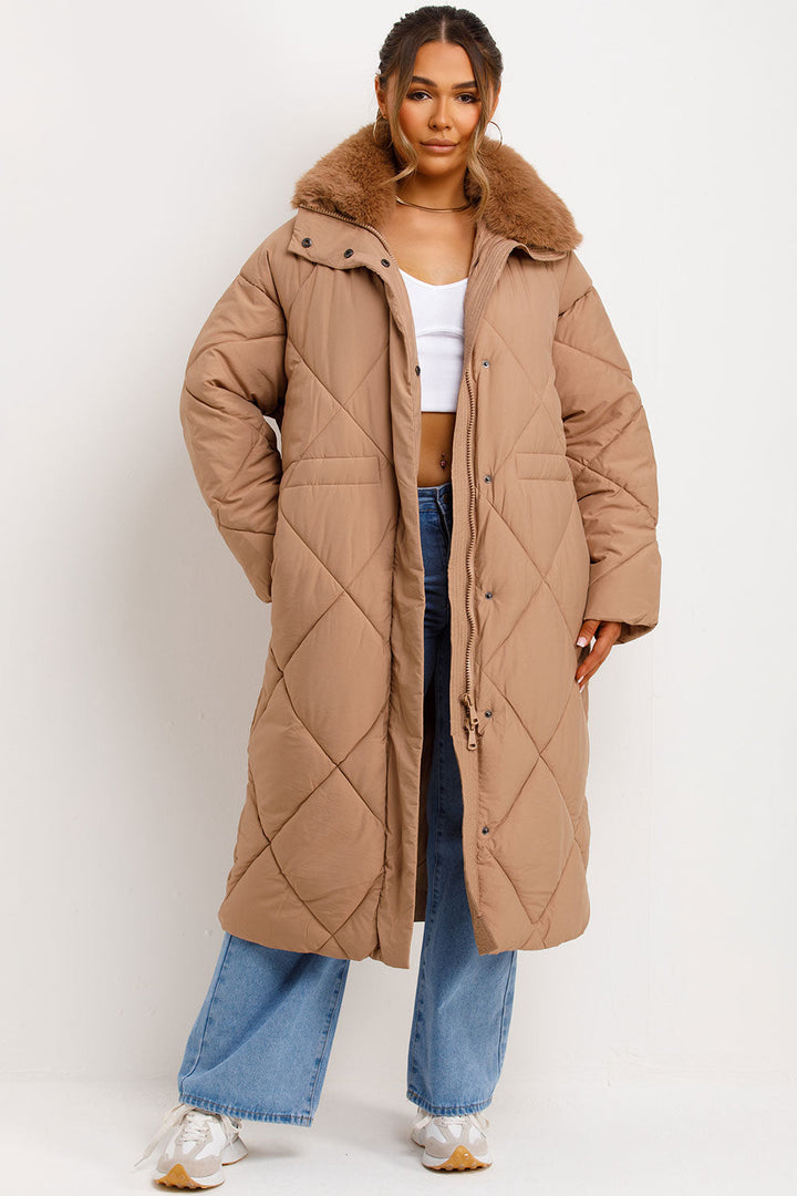 Emberrae | Women’s long puffer quilted winter coat with faux fur collar