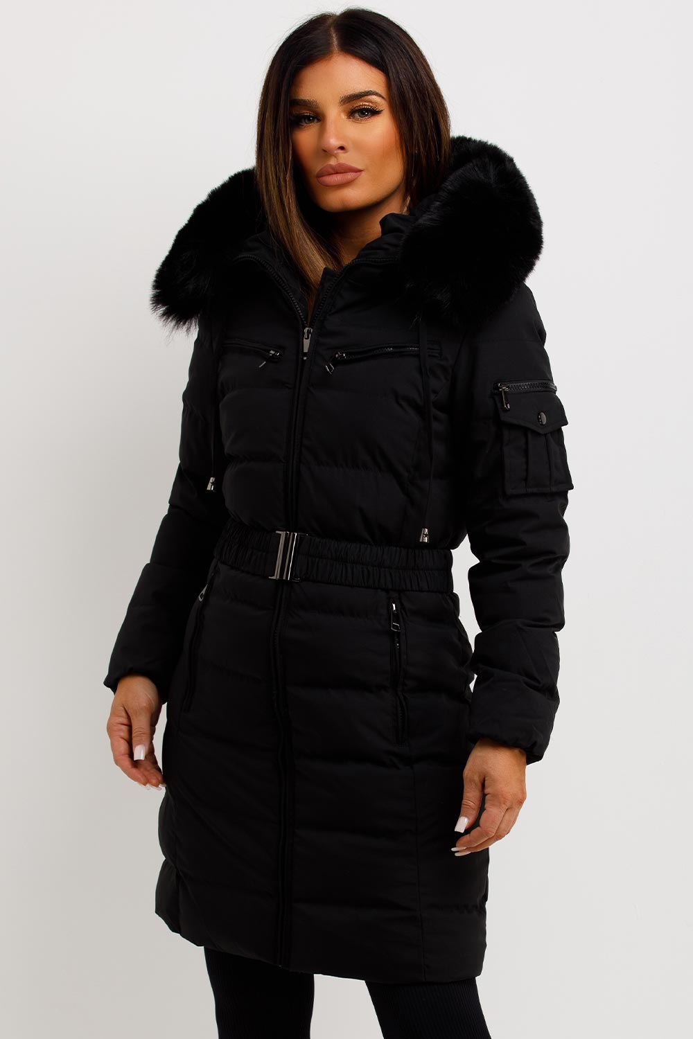 Audrina | Women’s long belted puffer coat with faux-fur hood