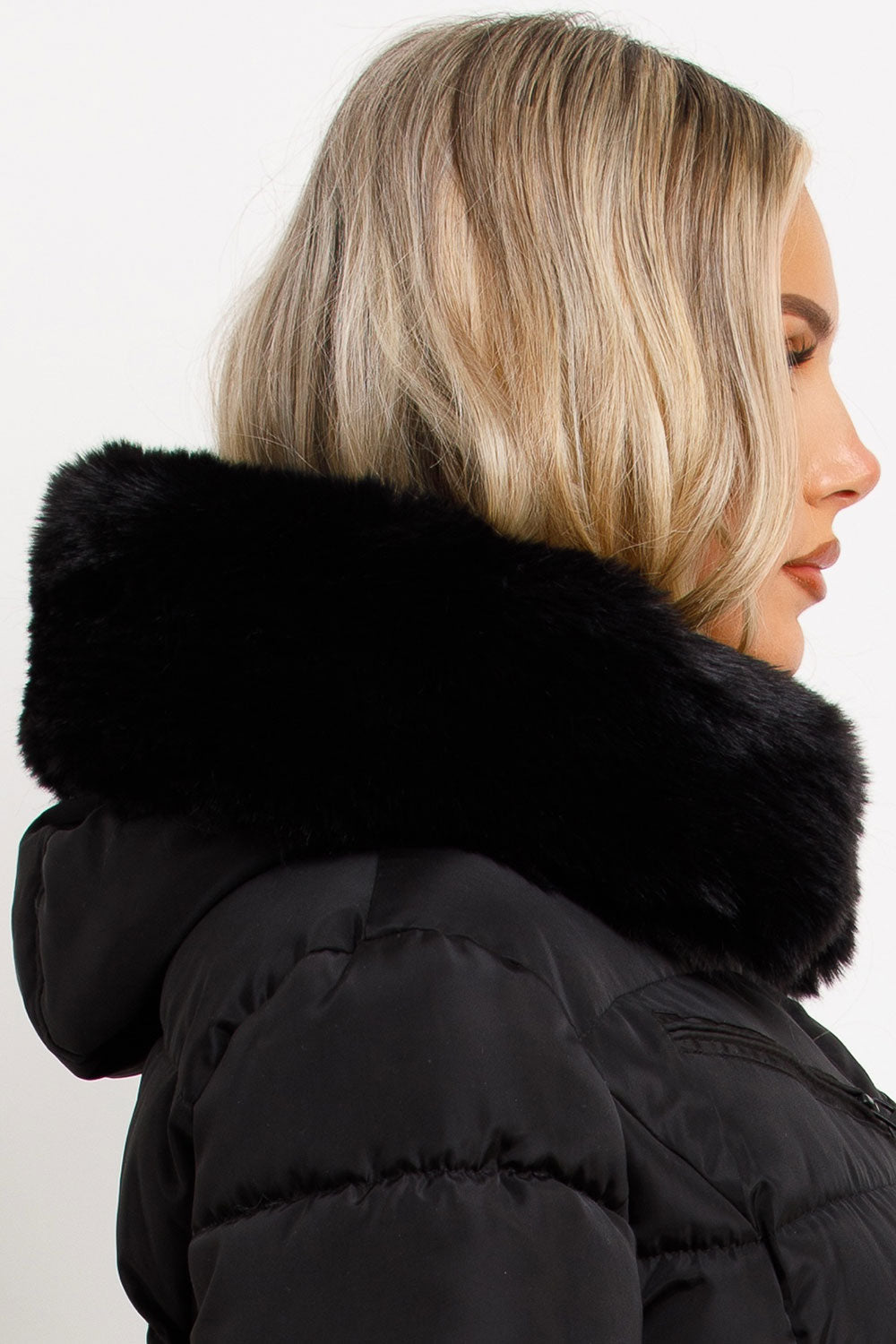 Brinlee | Women’s belted puffer jacket with faux fur hood