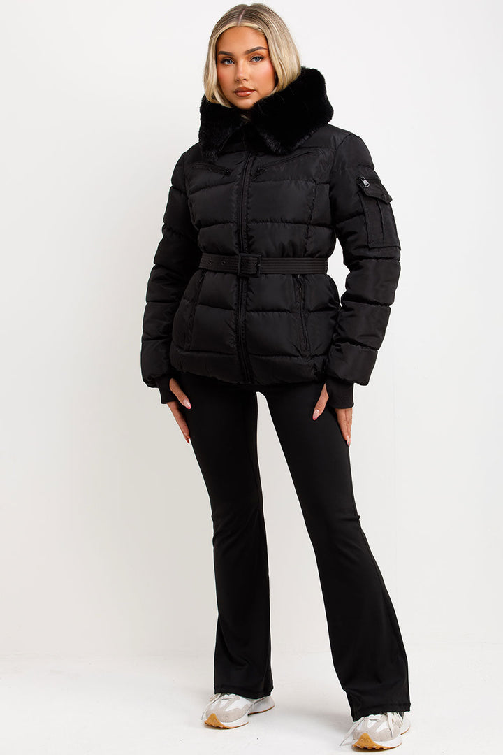 Brinlee | Women’s belted puffer jacket with faux fur hood