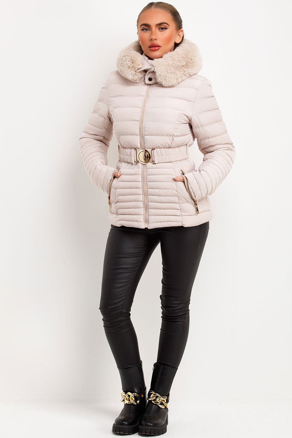 Galilea | Women’s belted puffer jacket with faux fur hood