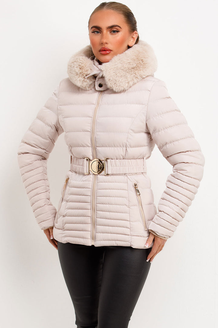 Galilea | Women’s belted puffer jacket with faux fur hood