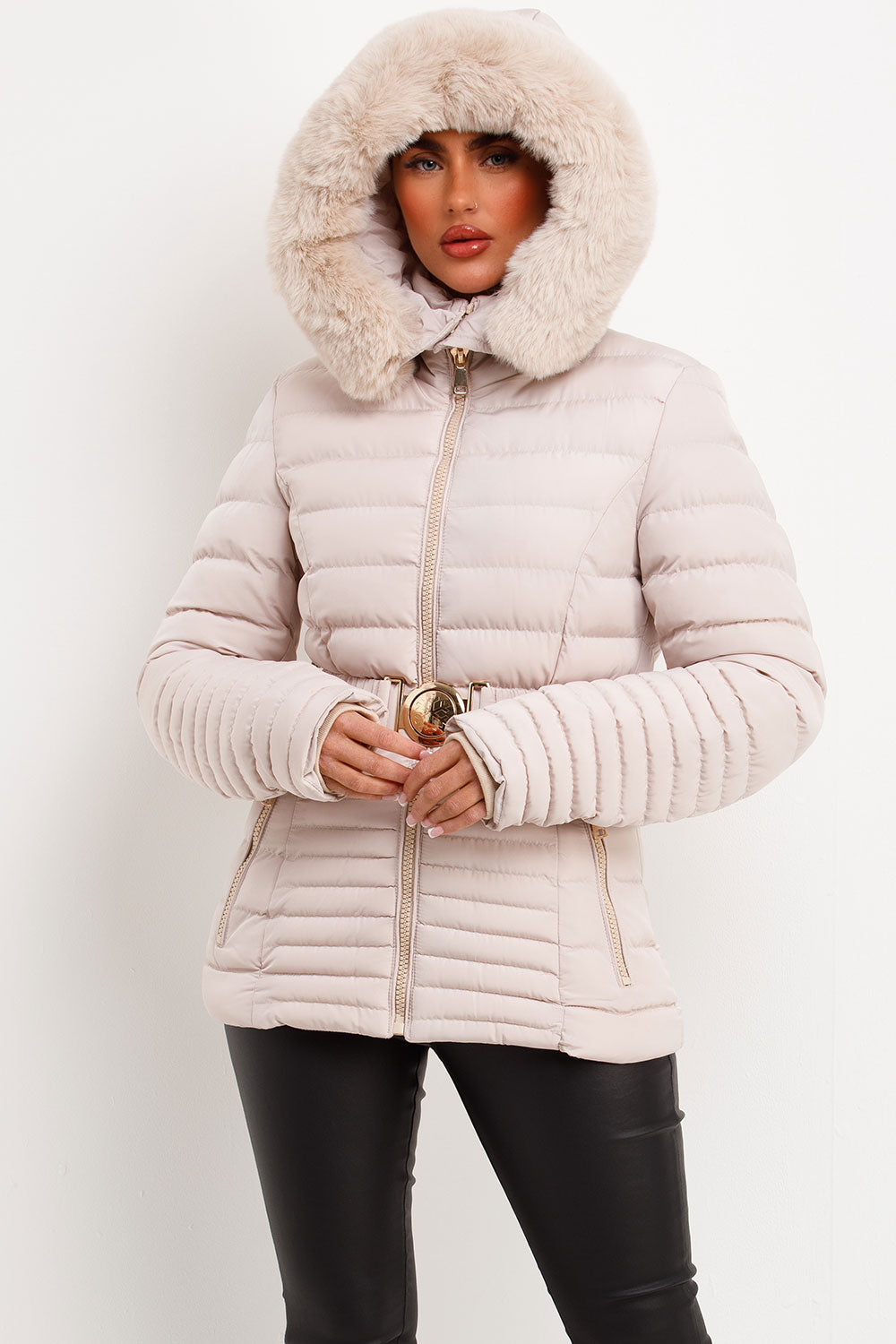 Galilea | Women’s belted puffer jacket with faux fur hood