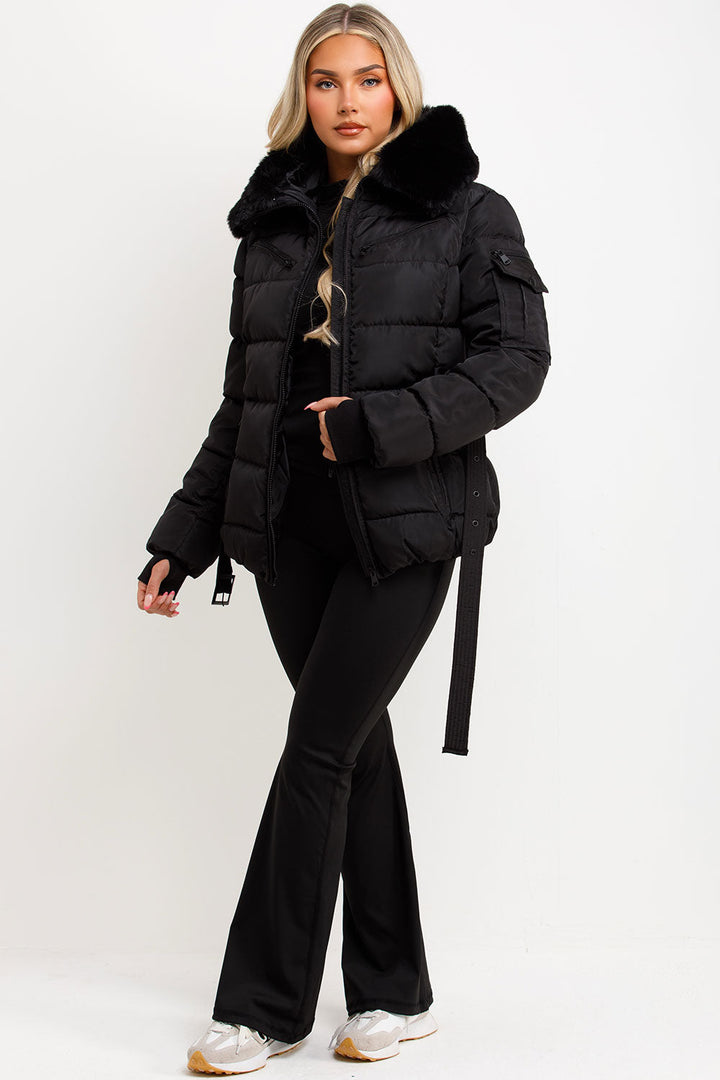 Brinlee | Women’s belted puffer jacket with faux fur hood