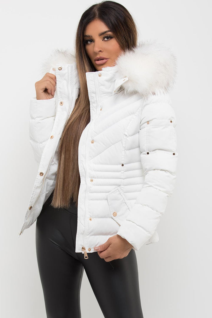 Tinzley | Women’s puffer jacket with faux fur hood for cold-weather layering