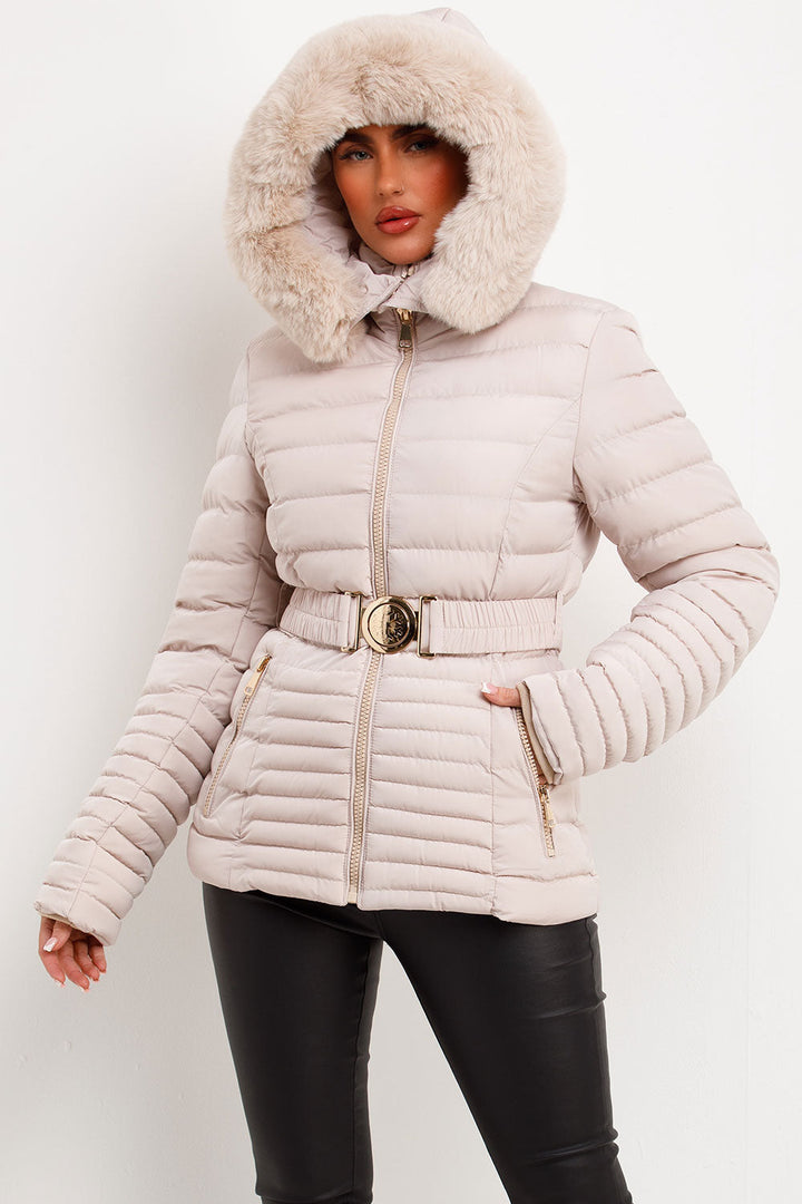 Galilea | Women’s belted puffer jacket with faux fur hood