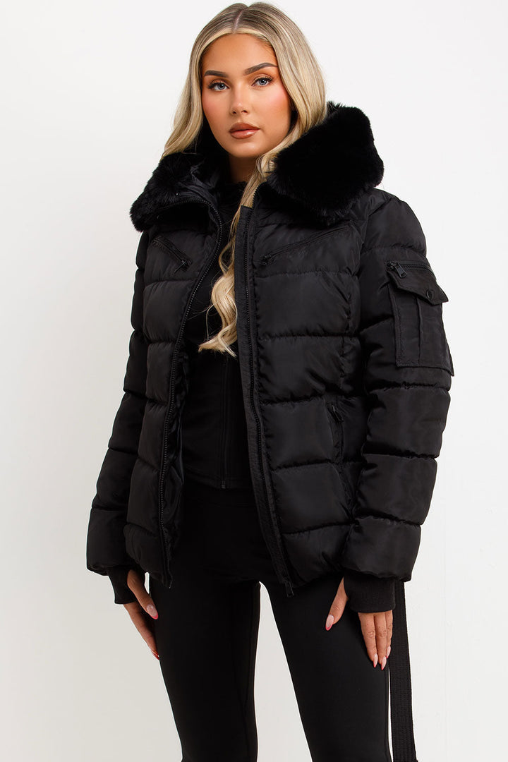 Brinlee | Women’s belted puffer jacket with faux fur hood