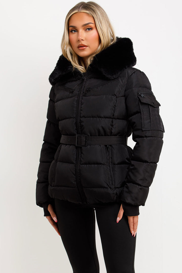 Brinlee | Women’s belted puffer jacket with faux fur hood