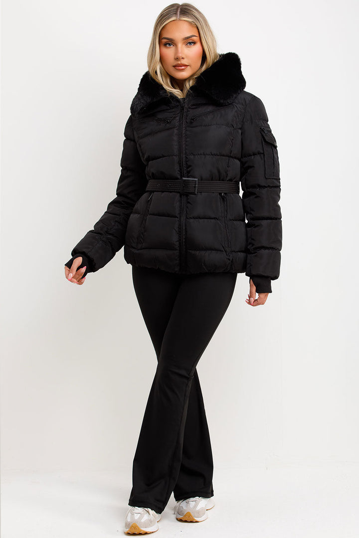 Brinlee | Women’s belted puffer jacket with faux fur hood