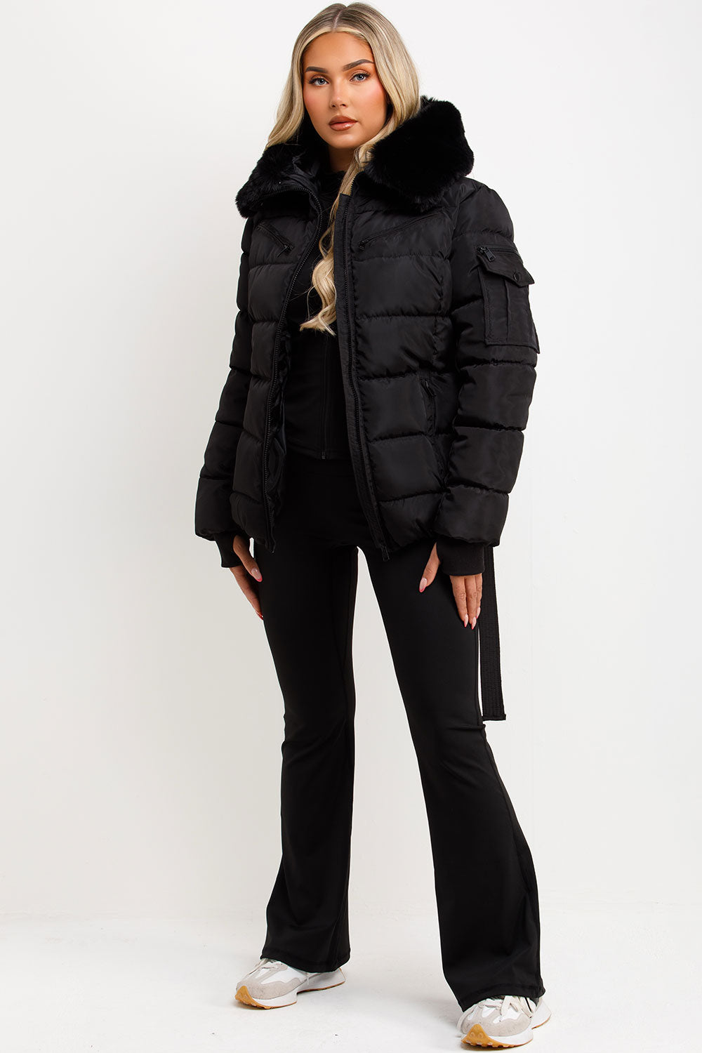 Brinlee | Women’s belted puffer jacket with faux fur hood