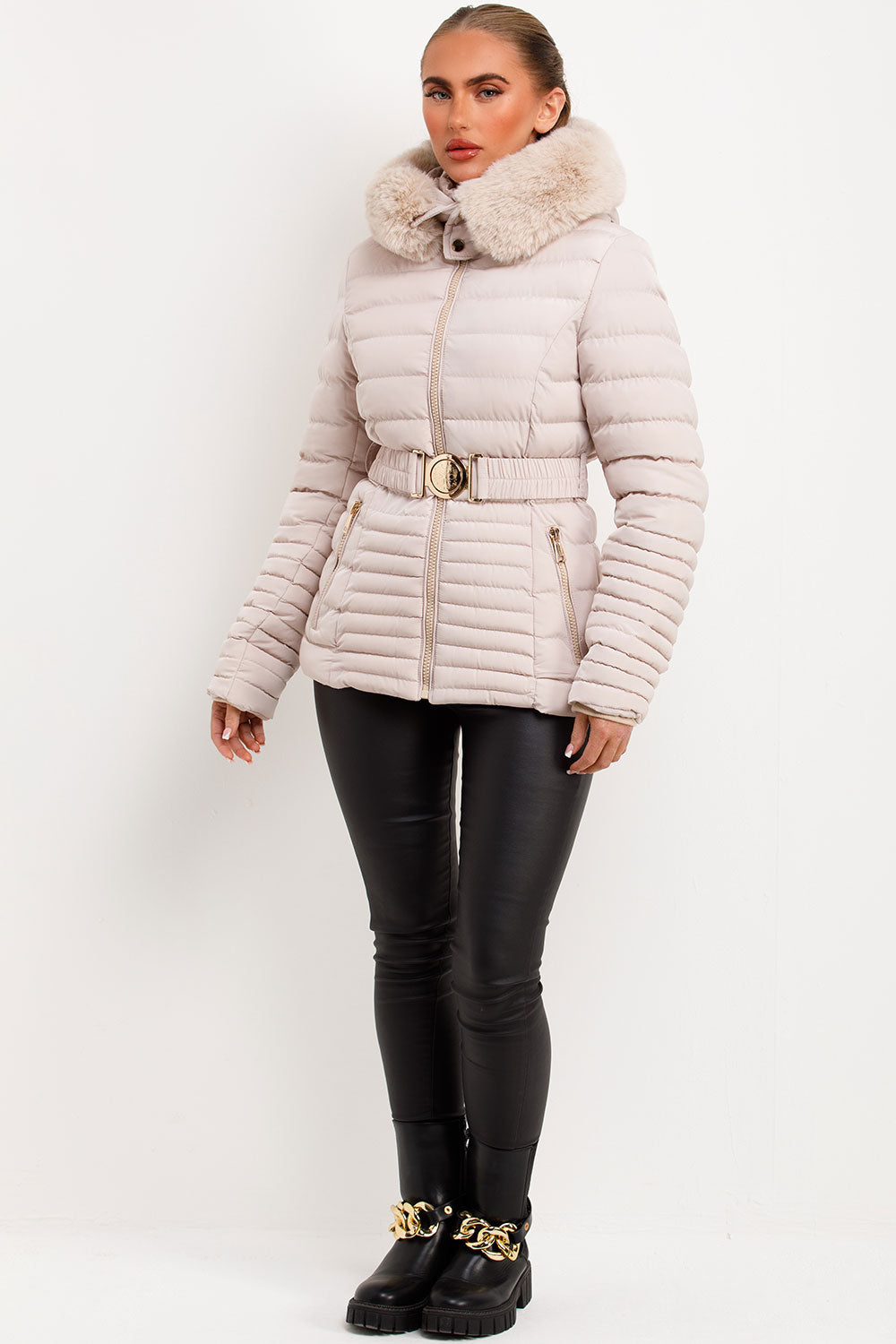 Galilea | Women’s belted puffer jacket with faux fur hood