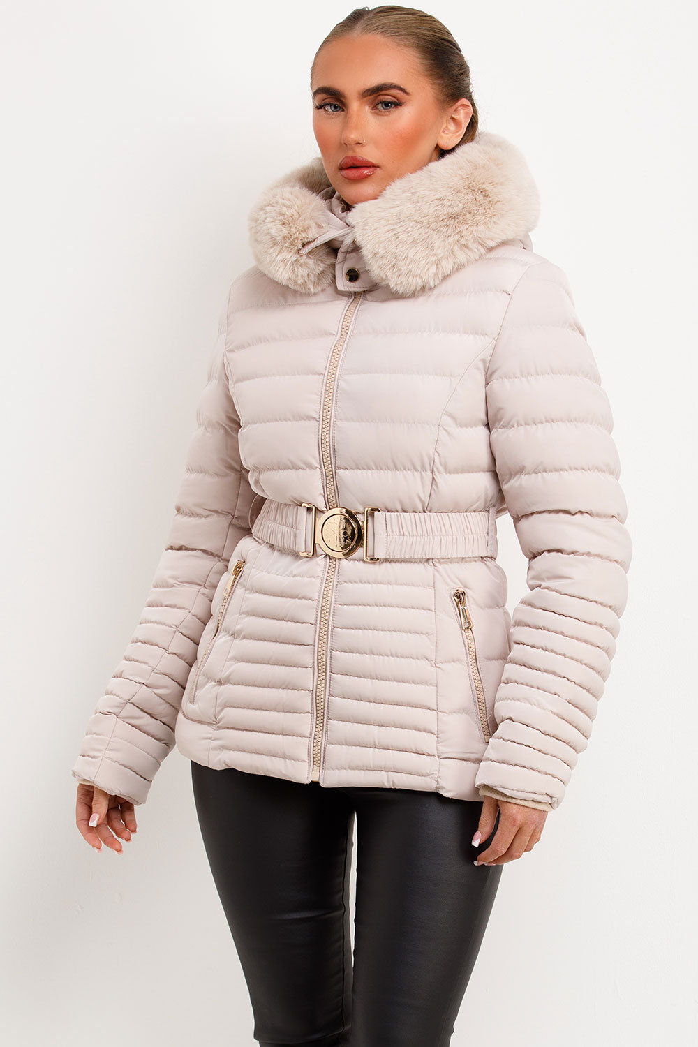 Galilea | Women’s belted puffer jacket with faux fur hood