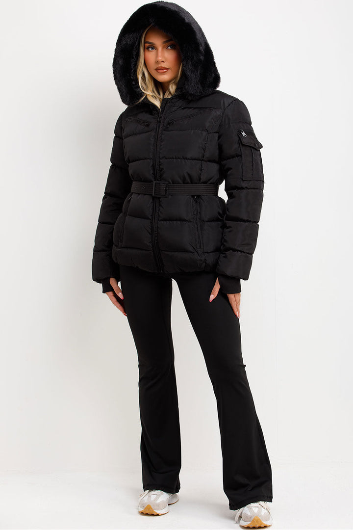 Brinlee | Women’s belted puffer jacket with faux fur hood