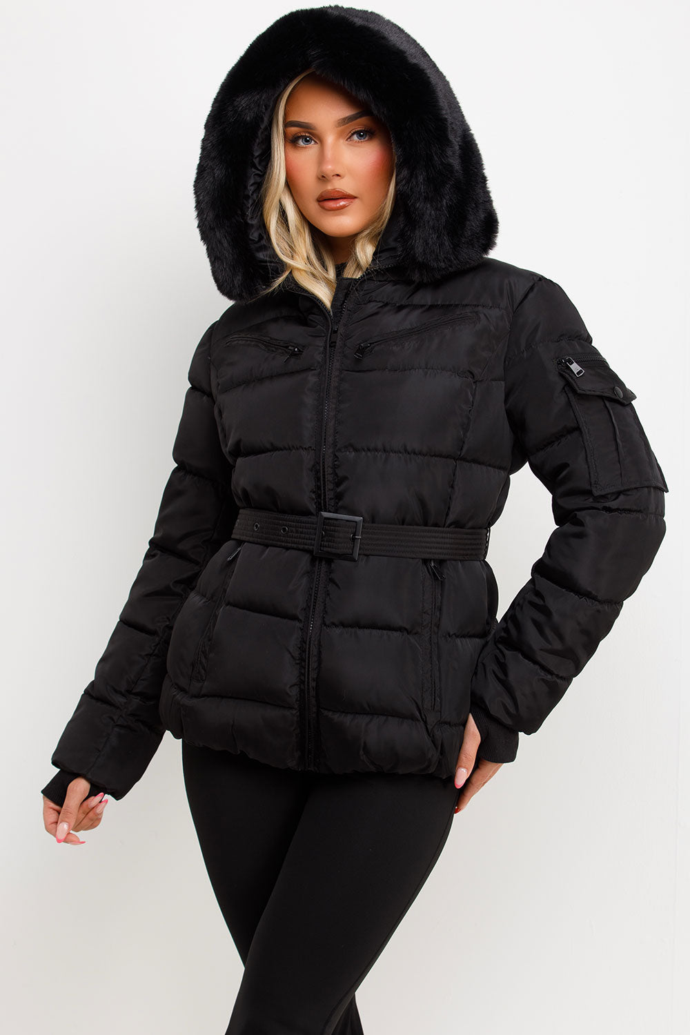 Brinlee | Women’s belted puffer jacket with faux fur hood