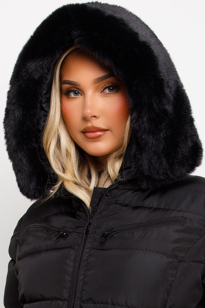 Brinlee | Women’s belted puffer jacket with faux fur hood