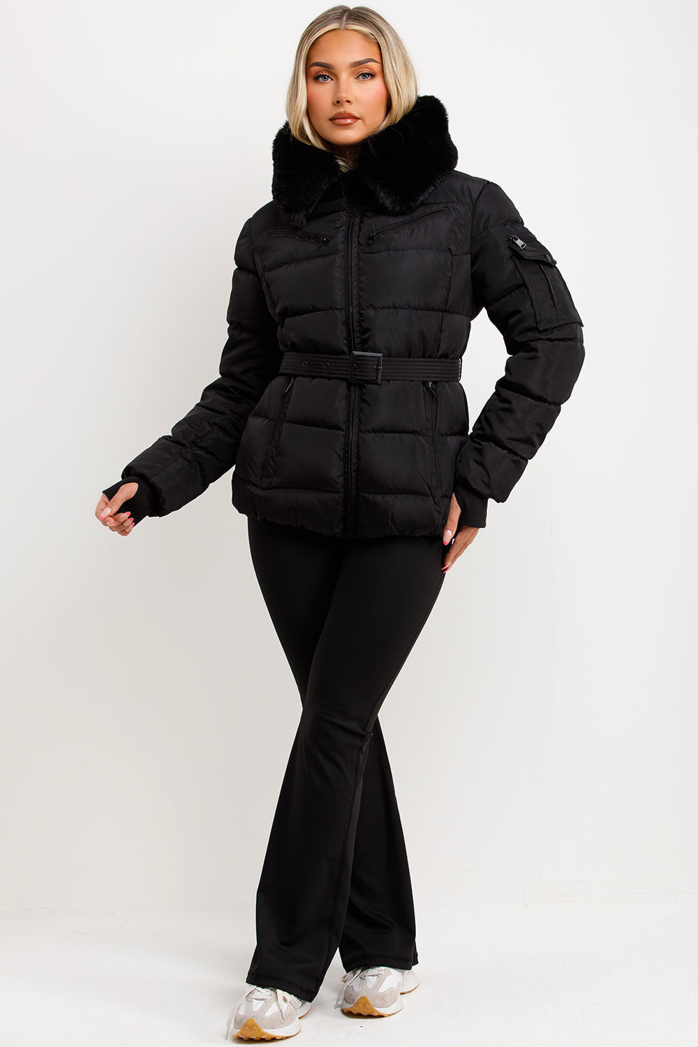 Brinlee | Women’s belted puffer jacket with faux fur hood