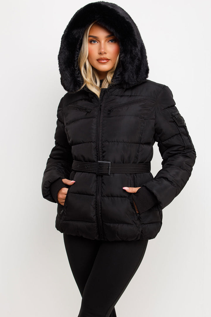 Brinlee | Women’s belted puffer jacket with faux fur hood